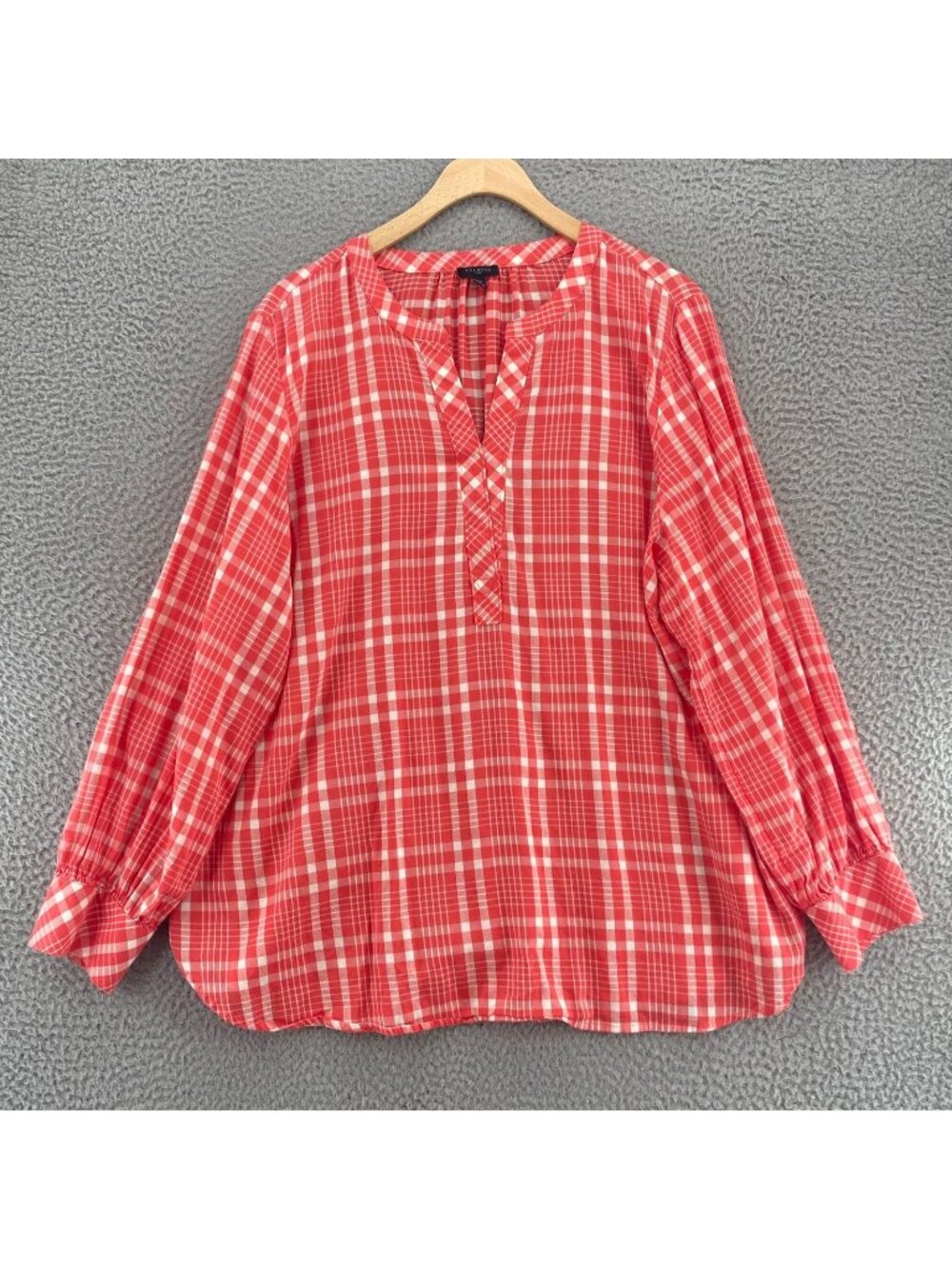 Talbots Top Womens 2X Coral Plaid Cotton Blend Split V Neck Long Sleeve Blouse